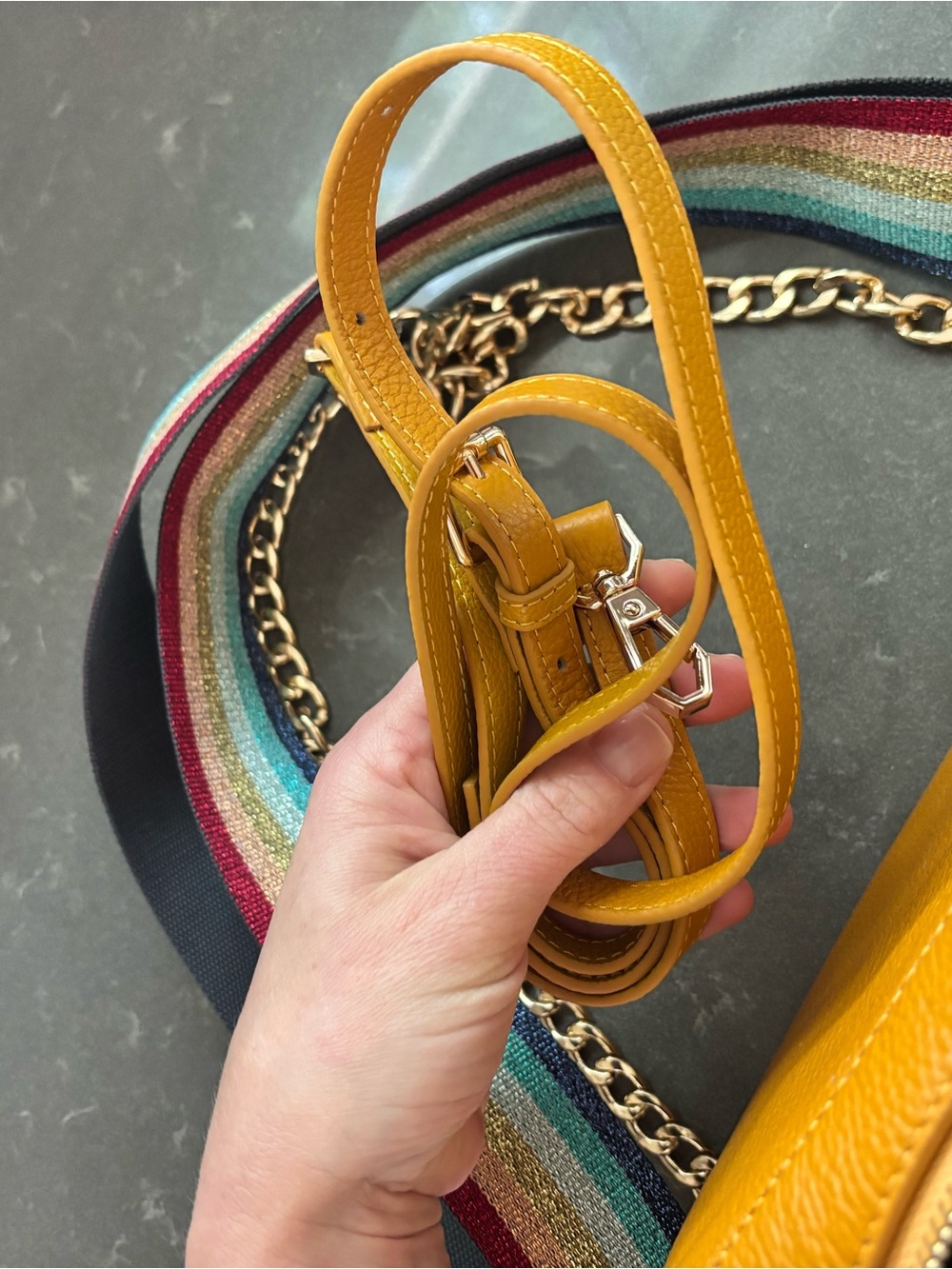 Compact Mustard Yellow Pebbled Leather Crossbody Bag with Gold Hardware - Picture 2 of 9